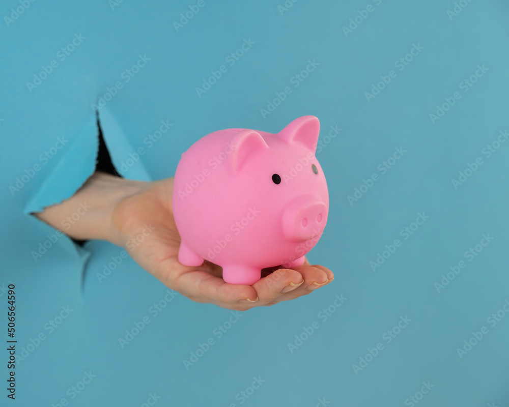 A female hand sticking out of a hole from a blue background holds a pink piggy bank. 