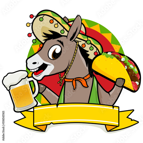 Mexican donkey serving tacos and beer. Vector illustration