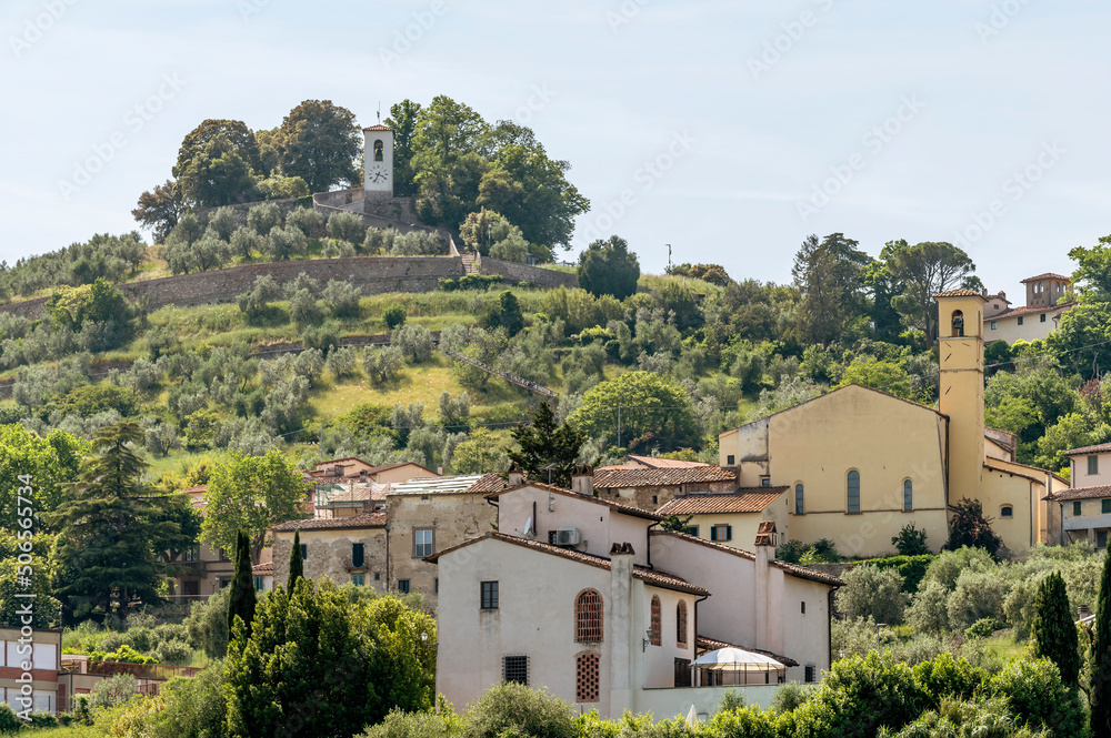 Panoramic view of Carmignano, Prato, Italy and its fortress