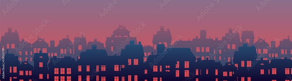 Red evening Silhouettes of village houses with windows. Horizontal seamless composition. Small city houses residential quarters. Cityscape with buildings. Housing Vector