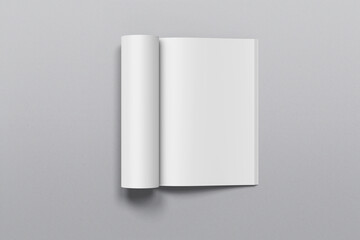 A4 magazine mockup top view, book or catalog on gray table. Blank page or notepad on solid background. Blank page or notepad for mockups or simulations.