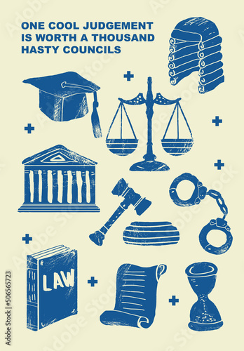 Hourglass, courthouse, headdress, handcuffs, constitution, book, scales, mallet, judge's gavel. Concept of law justice. Set of posters of jurisprudence in a abstract draw design.