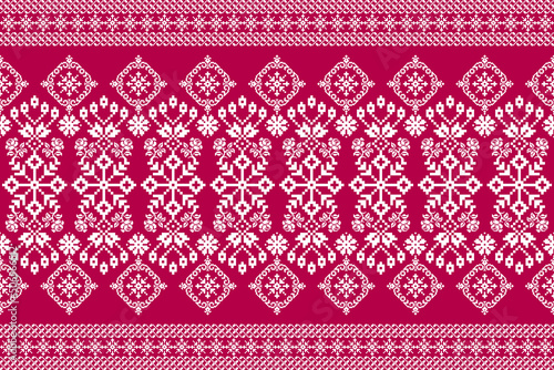 Beautiful lace knitted embroidery.geometric ethnic oriental pattern traditional background.Fuchsia and white tone.Aztec style,abstract,vector,illustration.design for texture,fabric,clothing,wrapping.