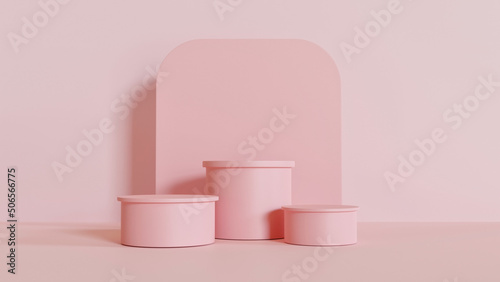 3D rendering of pink  podium with pink background. Beautiful minimal scene for products display. Circle pink stage with with pink wall.3d stage on pedestal display pink studio.