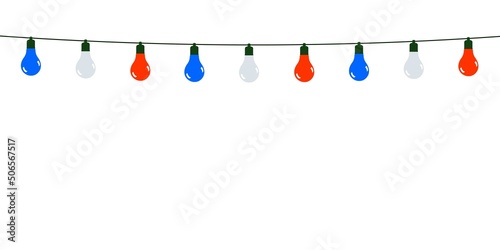 Guirlande d'ampoules en bleu, blanc et rouge sur fond blanc 
