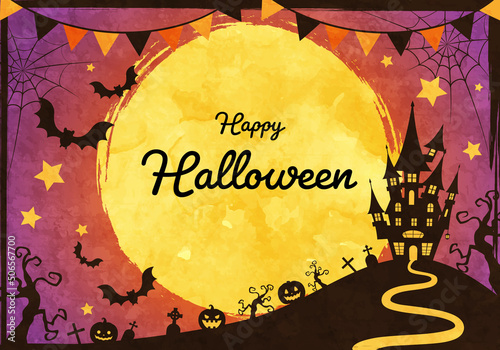 城や蝙蝠のシルエットのハロウィンの満月の夜のベクターイラスト背景(ガーランド,art,holiday,card,celebration,silhouette)