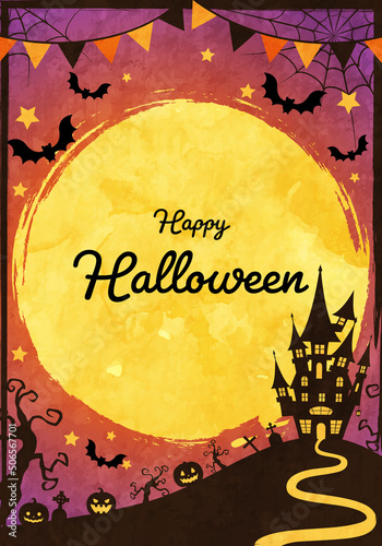 城や蝙蝠のシルエットのハロウィンの満月の夜のベクターイラスト背景(ガーランド,art,holiday,card,celebration,silhouette)