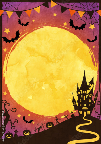 城や蝙蝠のシルエットのハロウィンの満月の夜のベクターイラスト背景(ガーランド,art,holiday,card,celebration,silhouette)