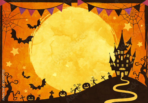 城や蝙蝠のシルエットのハロウィンの満月の夜のベクターイラスト背景(ガーランド,art,holiday,card,celebration,silhouette)