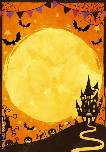 城や蝙蝠のシルエットのハロウィンの満月の夜のベクターイラスト背景(ガーランド,art,holiday,card,celebration,silhouette)