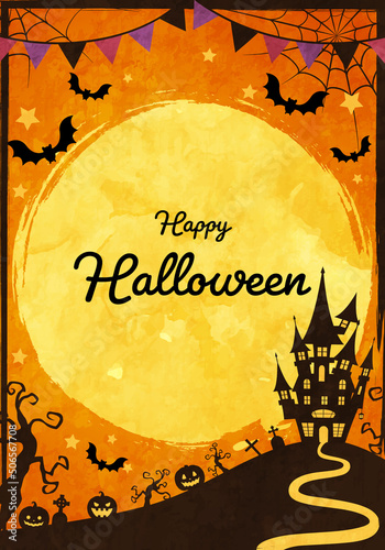 城や蝙蝠のシルエットのハロウィンの満月の夜のベクターイラスト背景(ガーランド,art,holiday,card,celebration,silhouette)