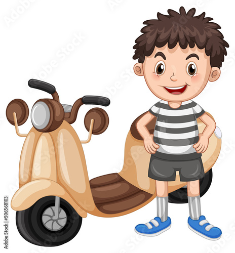 Cartoon boy standing beside motorcycle