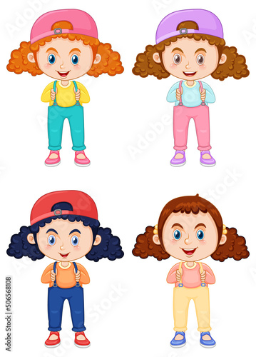 Set  of cute girl cartoon character with curly pigtail hair