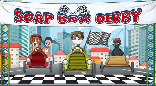 A group of different pet racing car in city