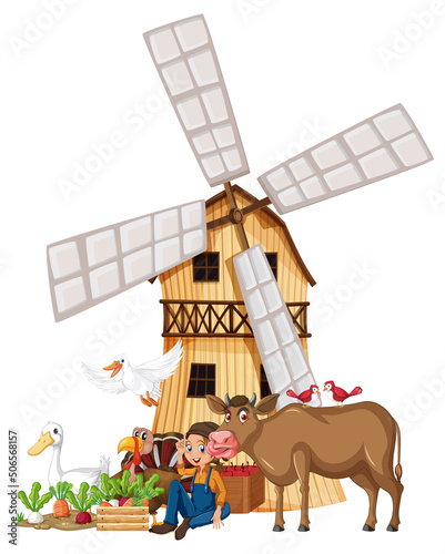 Many farm animals and farmer