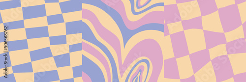 Groovy poster y2k retro background swirl, checkerboard set for print design. Spiral vector illustration. Psychedelic print. Vintage background. Cover, poster, wallpaper. 60s, 70s, hippie