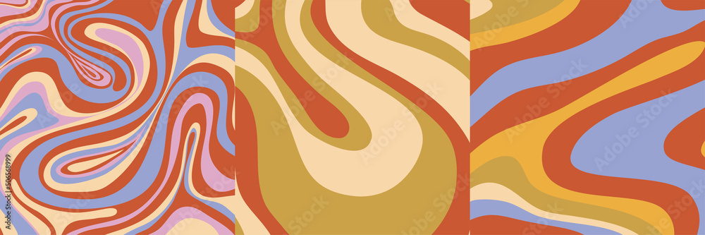 Groovy poster y2k retro background swirl set for print design. Spiral vector illustration. Psychedelic print. Vintage background. Cover, poster, wallpaper. 60s, 70s, hippie.