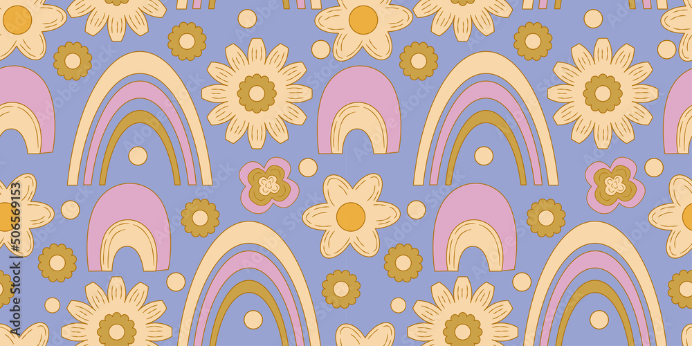 Fototapeta premium Groovy y2k retro seamless pattern with daisy flower, rainbow. Retro vector illustration. Groovy flower background. Colorful hippie seamless pattern illustration