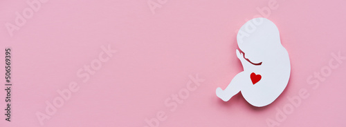 Paper silhouette of a human embryo with a red heart on a pink background. Flat lay,Banner, place for text. photo