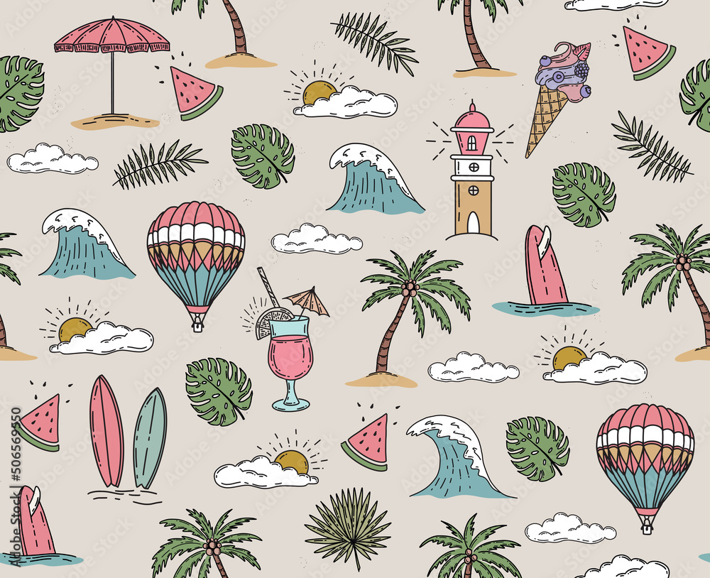 Summer, Surfboard, wave, balloon, lighthouse, palm trees, leaves, monstera, hand drawn illustration, vector.