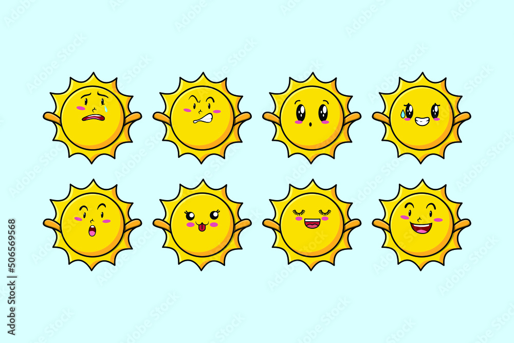 Set kawaii sun cartoon character with different expressions of cartoon face vector illustrations Set kawaii sun cartoon character with different expressions of cartoon face vector illustrations