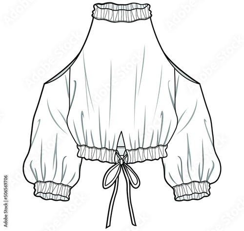 gathered cold shoulder top flat sketch, women drawstring tie front blouse vector illustration template.