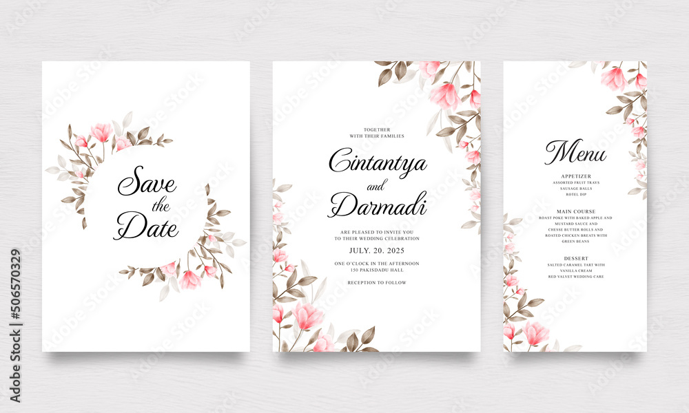 Elegant wedding invitation template set with floral watercolor
