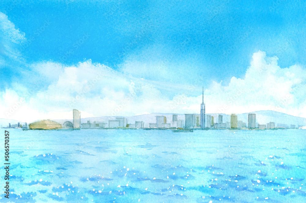 博多湾から見る福岡タワー周辺の風景　水彩画