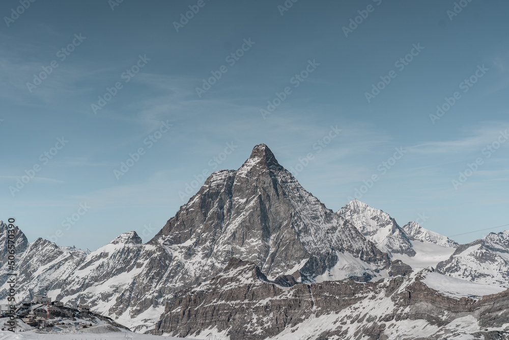 Winter sport at mountain Cervino, also called the Matterhorn. It's a mountain on the border of Italy and Switerland.