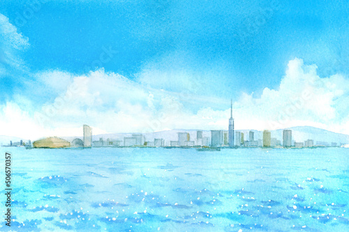 博多湾から見る福岡タワー周辺の風景　水彩画