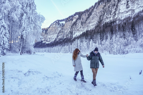 Couple hiking at lake Montriond. © Tibi.lost.in.nature