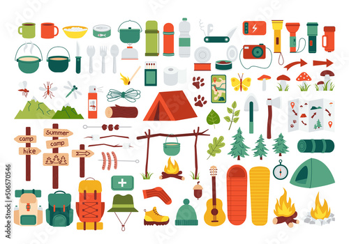 Large set of hiking equipment. Items for summer camping, trekking. Travel supplies icons for outdoor base camp. Backpack, campfire, tent, pointers, bowler hat. Isolated flat vector illustration
