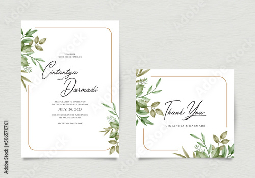 Wedding invitation template with elegant foliage watercolor