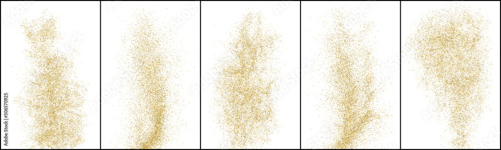 Set of Gold Glitter Texture Isolated On White. Amber Particles Color. Stardust Background. Golden Explosion Of Confetti. Vector Illustration, Eps 10.