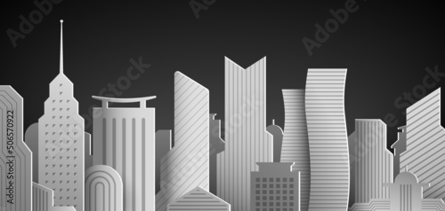 Modern city skyline with skyscrapers, architectural white paper dummy realistic vector background.