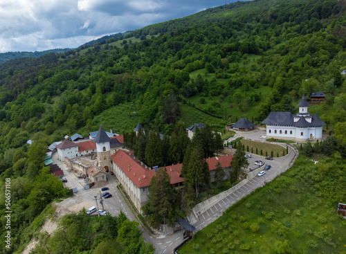 Landscape with the Pangarati Orthodox Monastery in Romania seen from above photo