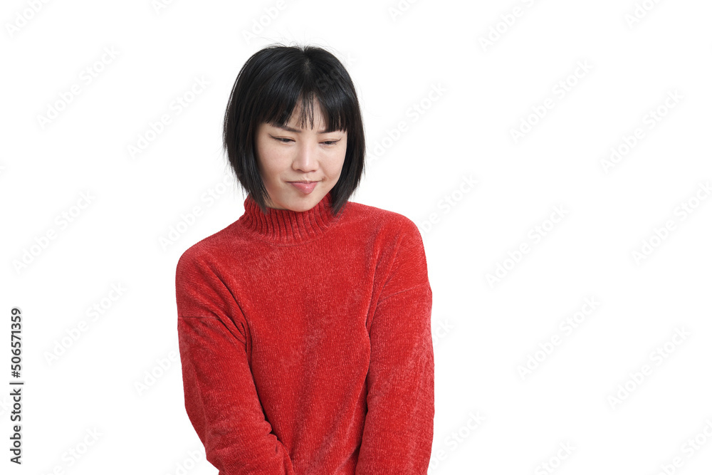 Young asian woman sad and pouting, wearing winter red sweater, isolated on white background.