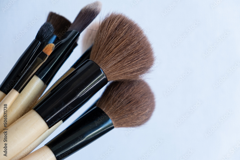 Set of makeup brushes on a blue background. Variable focus Set of makeup brushes on a blue background. Variable focus