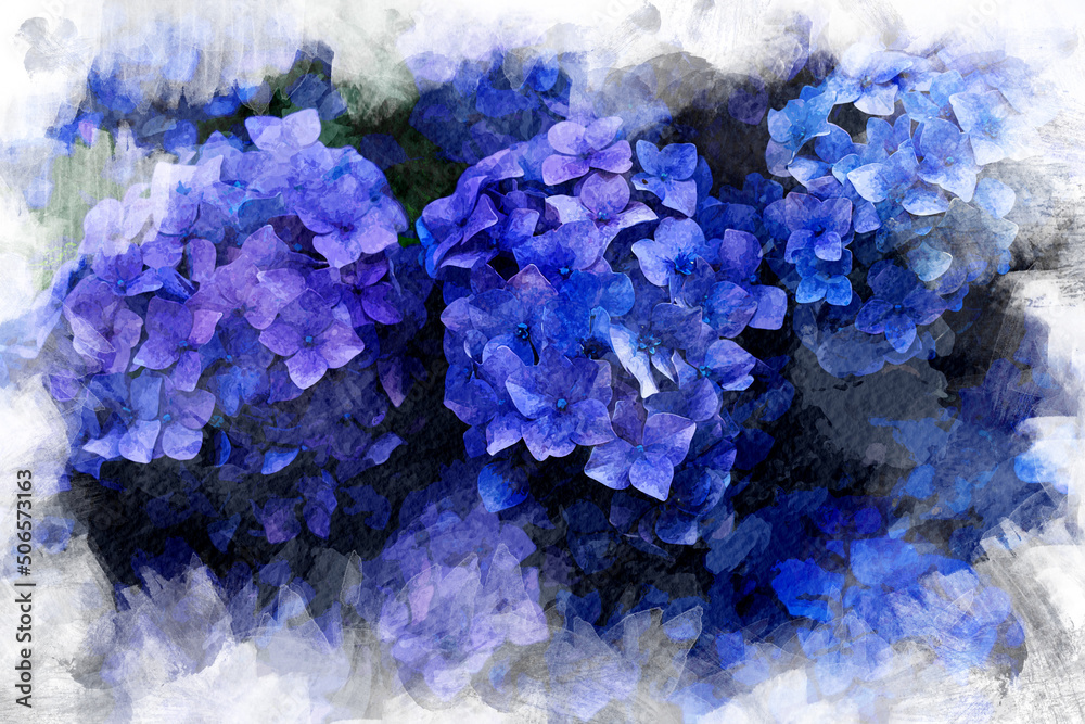 Obraz premium Watercolor violet, deep blue hydrangea. Colorful flowers with leaves on background. Seamless floral pattern. Greeting card design. Abstract oil painting of flowers. 