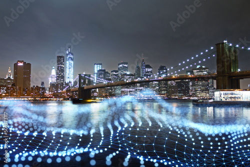Modern city backdrop with abstract polygonal wave waterfront mesh at night. Double exposure.