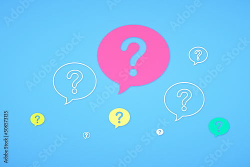 Creative colorful digital question marks on blue wallpaper. FAQ and app concept. 3D Rendering.