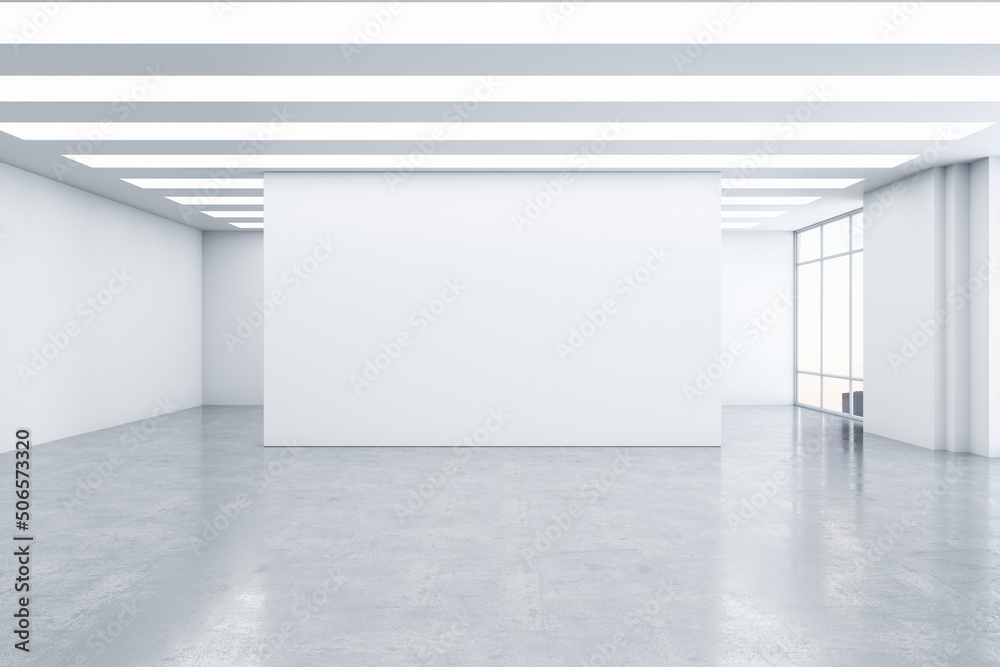 Empty spacious light exhibition or gallery hall with front view on blank white wall, glossy concrete floor, white ceiling and windows. 3D rendering, mockup Empty spacious light exhibition or gallery hall with front view on blank white wall, glossy concrete floor, white ceiling and windows. 3D rendering, mockup