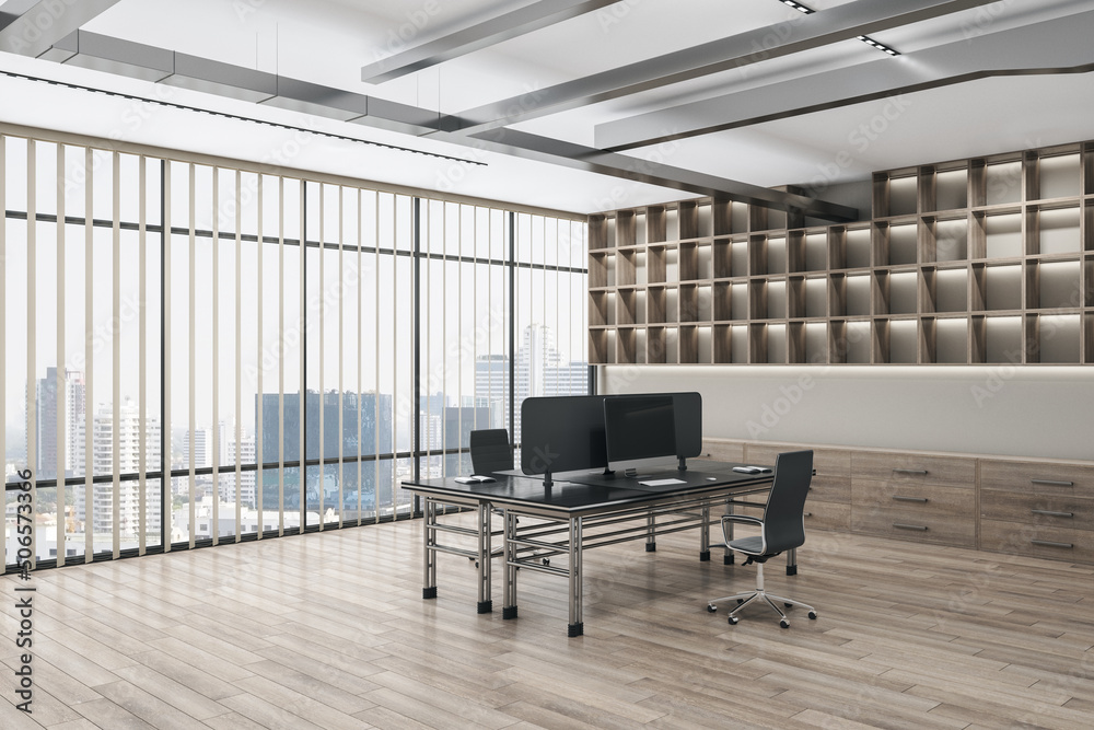Fototapeta premium Contemporary glass office interior with window and city view, furniture and equipment. Workplace concept. 3D Rendering.