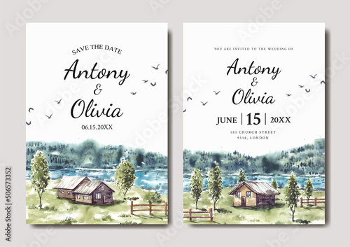 Wedding invitation of green nature landscape with house and lake view watercolor