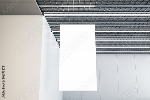 Close up of empty white stopper hanging in concrete interior with industrial ceiling. Mock up, 3D Rendering.