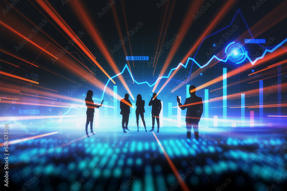 Investing teamwork and transaction processing concept with people group silhouette and abstract technology backdrop with digital financial graph Investing teamwork and transaction processing concept with people group silhouette and abstract technology backdrop with digital financial graph