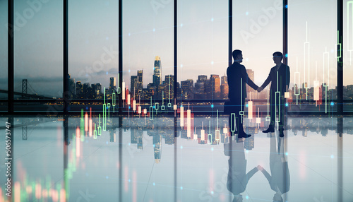 Photography Business investing and brokerage concept with businessmen handshaking in spaciou