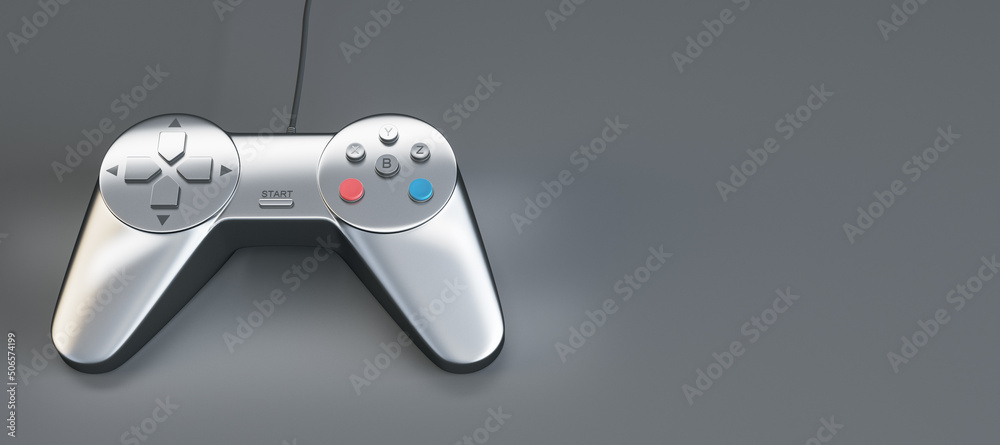 Entertainment concept with modern silver game joystick on grey background with empty space for your logo. 3D rendering, mockup Entertainment concept with modern silver game joystick on grey background with empty space for your logo. 3D rendering, mockup