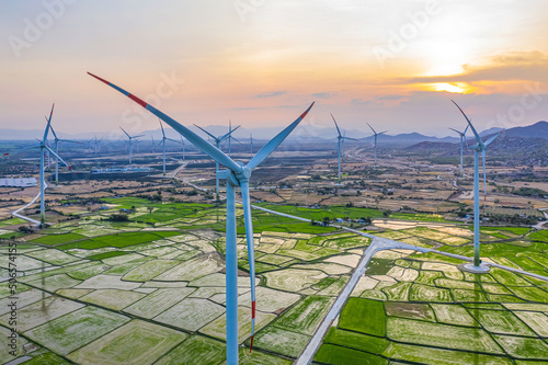 PANORAMIC VIEW OF WIND FARM OR WIND PARK, WITH HIGH WIND TURBINES FOR GENERAT...