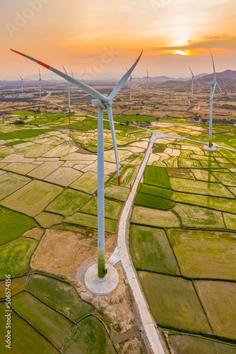 PANORAMIC VIEW OF WIND FARM OR WIND PARK, WITH HIGH WIND TURBINES FOR GENERAT...